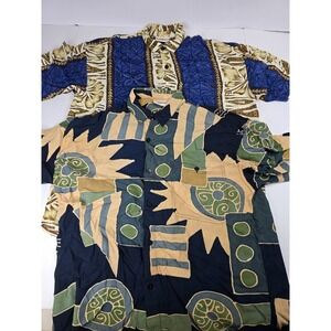 Lot Of 2 Serendipity Hawaiian Button Floral Geometric‎ Rayon Beach Shirts Large